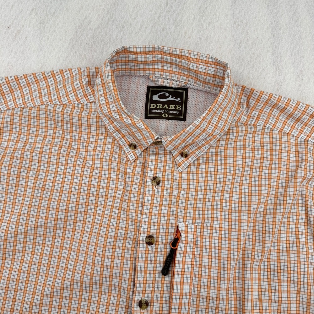 Drake Waterfowl Mens M Orange Plaid Short Sleeve Vented Fishing Shirt Outdoors
